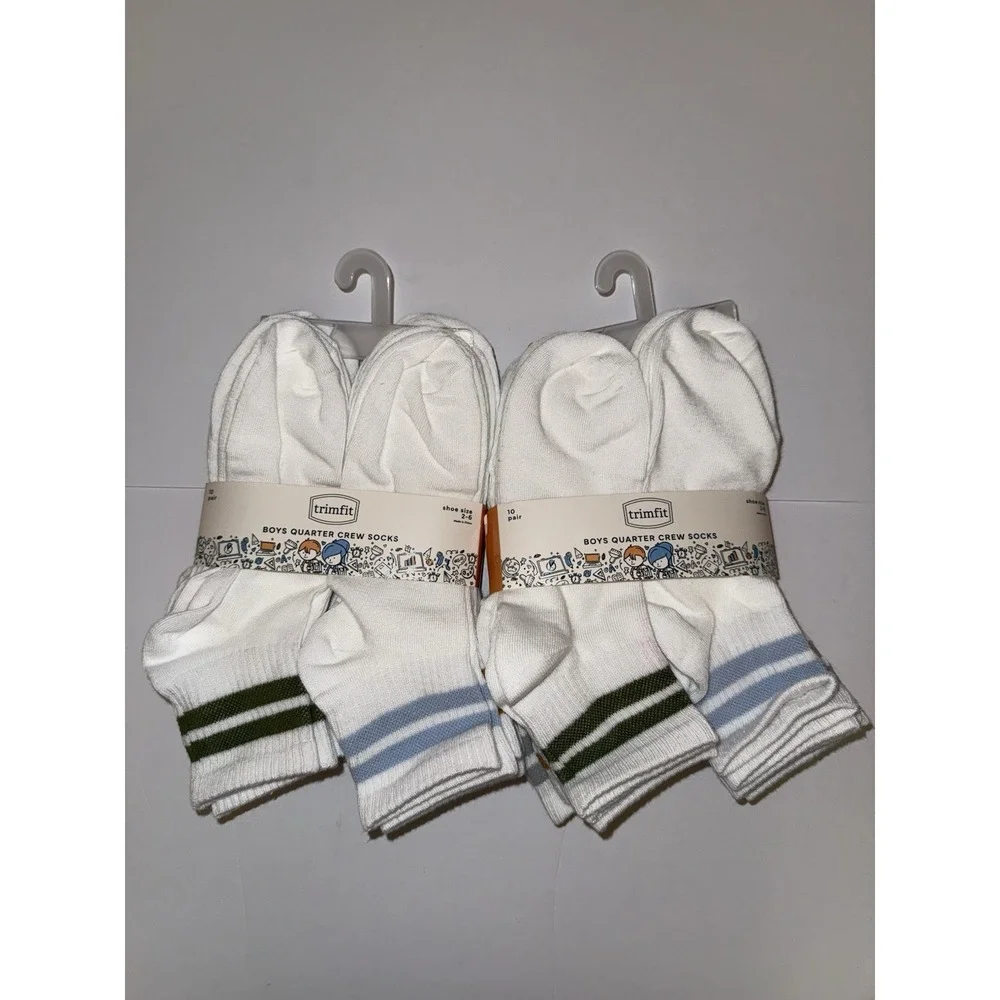 Trimfit Boys 20 Pair Quarter Crew Socks White 2-6 Striped Athletic Kids NEW